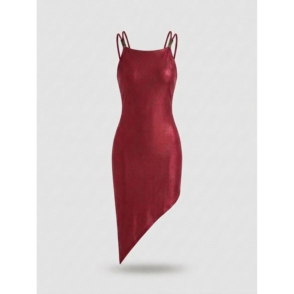 Versace Jeans Couture Vintage Red Metallic Lurex Asymmetric Mini Dress 90s M